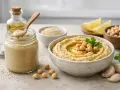 Pyszny hummus z ciecierzycą, czosnkiem i cytryną. Słoik z gładkim tahini, kluczowym składnikiem do zrobienia tej pasty.