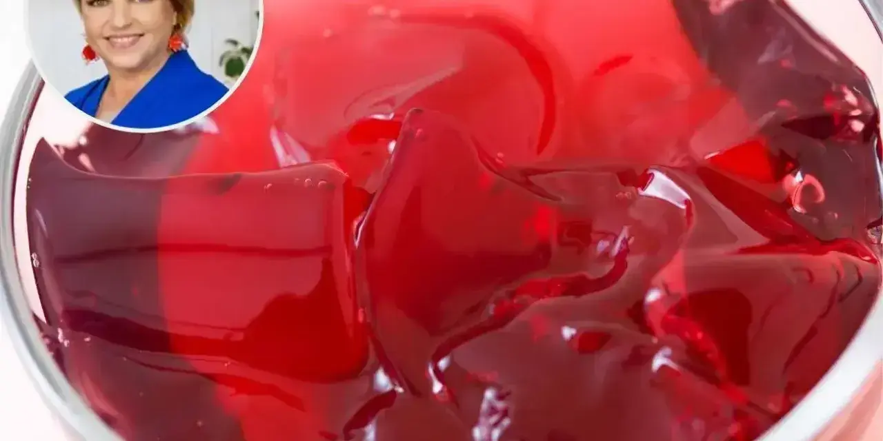 Kobieta w niebieskiej marynarce uśmiecha się obok miseczki z galaretką. Dowiedz się, ile tężeje galaretka, by cieszyć się deserem!