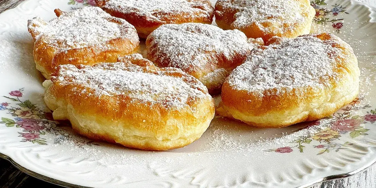 Puszyste racuchy na jogurcie, posypane cukrem pudrem, kuszą swoim złotym kolorem i delikatnością. Idealne na słodkie śniadanie lub deser.