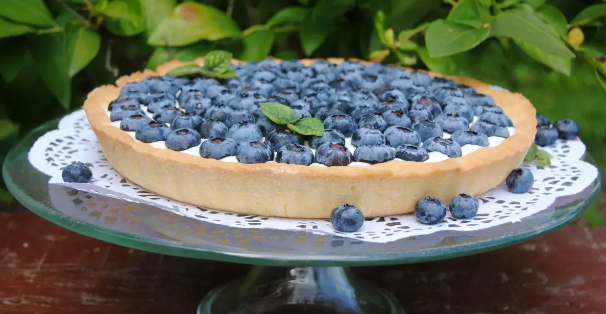 Pyszna tarta z borówkami, udekorowana listkiem mięty, prezentuje się apetycznie na szklanej paterze.