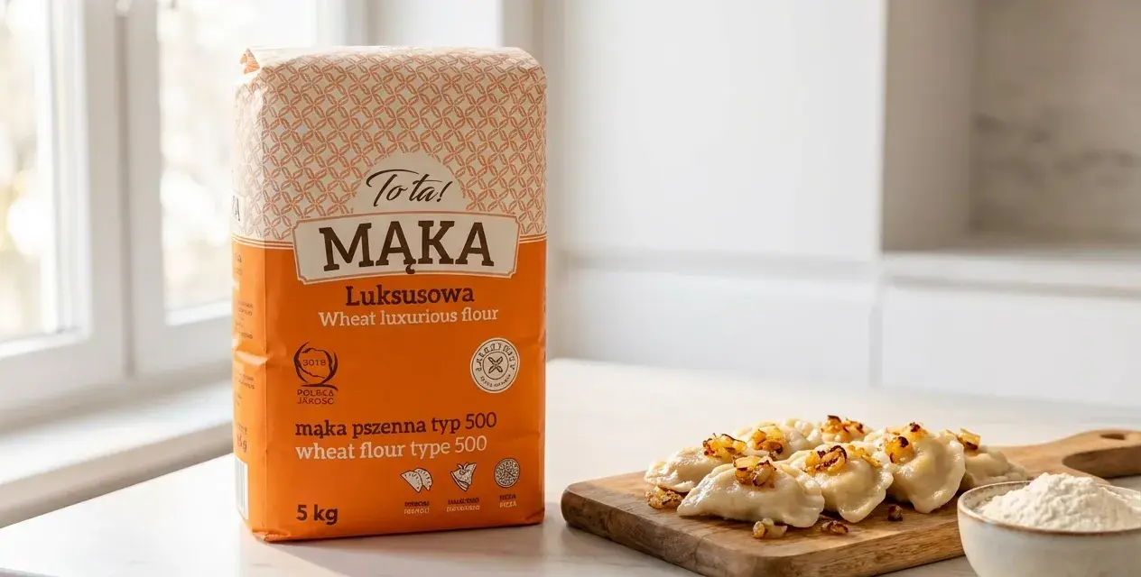 Idealna mąka pszenna typ 500 "Luksusowa" do pierogów. Na desce gotowe pierogi z cebulką i miseczka mąki.