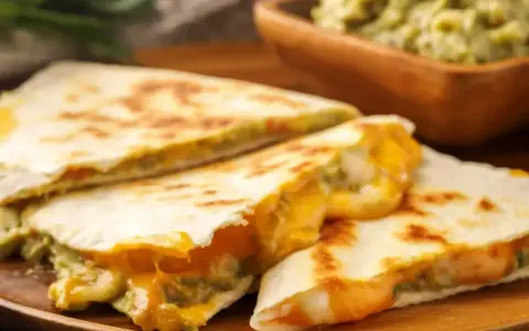 Pyszne quesadillas z roztopionym serem i guacamole. Idealna, fajna szybka kolacja na drewnianej desce.