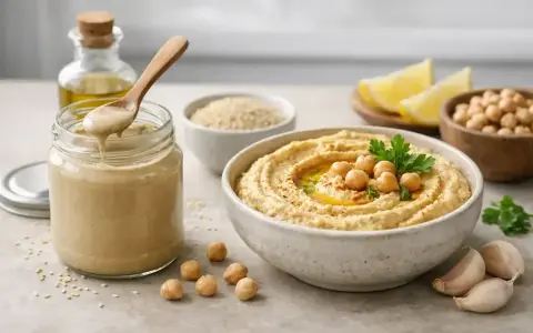 Pyszny hummus z ciecierzycą, czosnkiem i cytryną. Słoik z gładkim tahini, kluczowym składnikiem do zrobienia tej pasty.