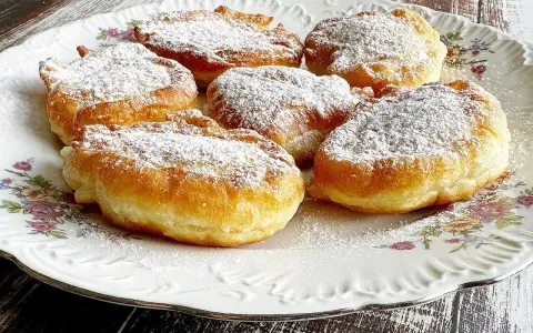 Puszyste racuchy na jogurcie, posypane cukrem pudrem, kuszą swoim złotym kolorem i delikatnością. Idealne na słodkie śniadanie lub deser.