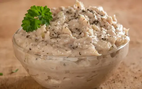 Kremowa pasta z tuńczyka, doprawiona pieprzem, w szklanej miseczce, ozdobiona gałązką natki pietruszki. Idealna na kanapki.