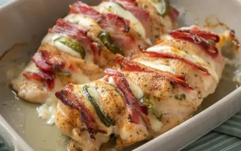 Pyszny filet z kurczaka na obiad, zapieczony z serem, boczkiem i papryczką jalapeño.