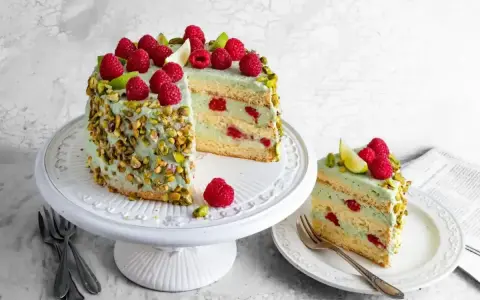 Wyjątkowy tort pistacjowo malinowy, udekorowany świeżymi malinami i pistacjami. Kawałek ciasta na talerzyku kusi warstwami biszkoptu i kremu.