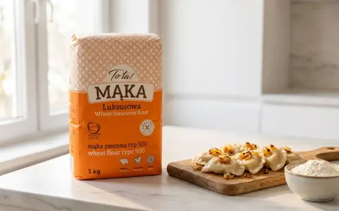 Idealna mąka pszenna typ 500 "Luksusowa" do pierogów. Na desce gotowe pierogi z cebulką i miseczka mąki.