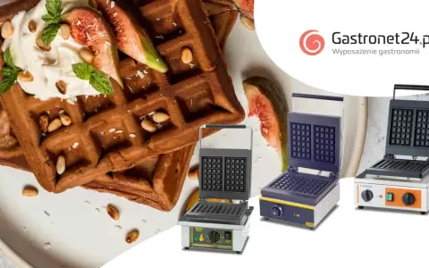 Pyszne gofry z kremem, figami i orzeszkami. Obok trzy gofrownice gastronomiczne, idealne do przygotowania idealnego przepisu na gofry.