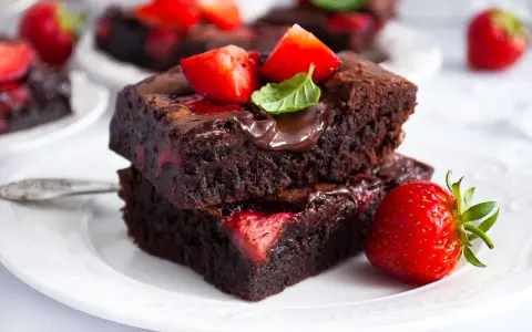 Pyszne brownie z truskawkami, polane czekoladą i ozdobione listkiem mięty. Idealne na deser.