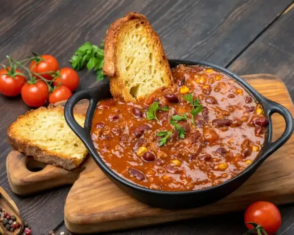 Gęste chili con carne z fasolą i kukurydzą, podane z chrupiącym pieczywem. Idealne na obiad na dwa dni.