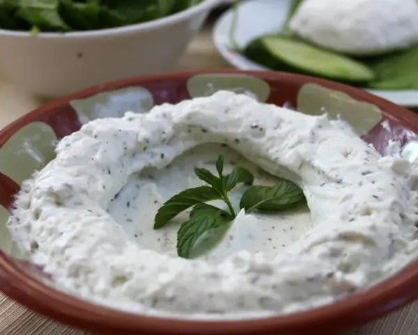 Kremowy labneh co to? Gęsty, biały serek z ziołami, udekorowany świeżą miętą, w glinianej misce.