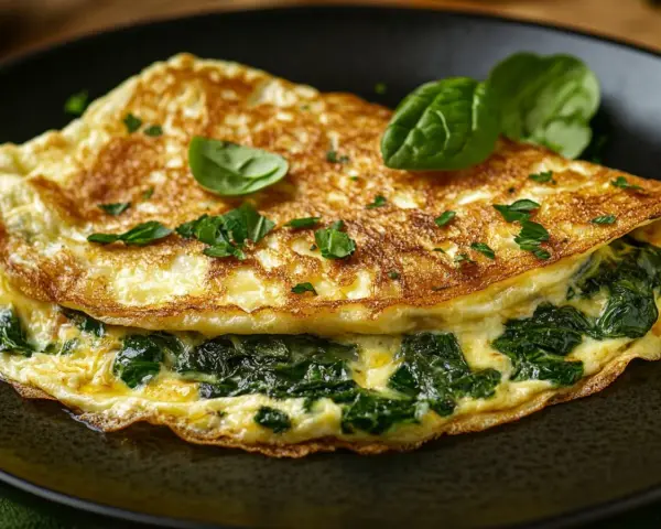 Złocisty omlet ze szpinakiem, udekorowany listkami bazylii i natki, prezentuje się apetycznie na ciemnym talerzu.