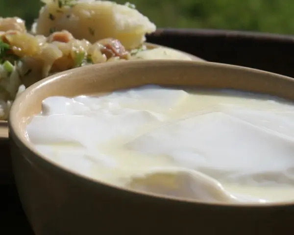 Domowy sposób na zsiadłe mleko. Gęste, białe zsiadłe mleko w glinianej miseczce, obok ziemniaki z koperkiem.