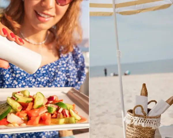 Letnia sałatka i bagietki w koszyku to idealne przekąski na plażę. Słońce, morze i pyszne jedzenie.