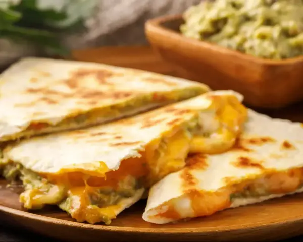 Pyszne quesadillas z roztopionym serem i guacamole. Idealna, fajna szybka kolacja na drewnianej desce.
