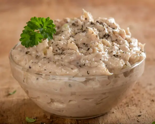 Kremowa pasta z tuńczyka, doprawiona pieprzem, w szklanej miseczce, ozdobiona gałązką natki pietruszki. Idealna na kanapki.