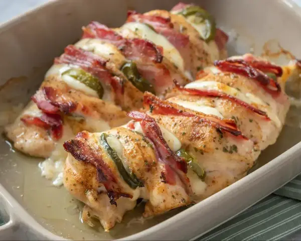 Pyszny filet z kurczaka na obiad, zapieczony z serem, boczkiem i papryczką jalapeño.