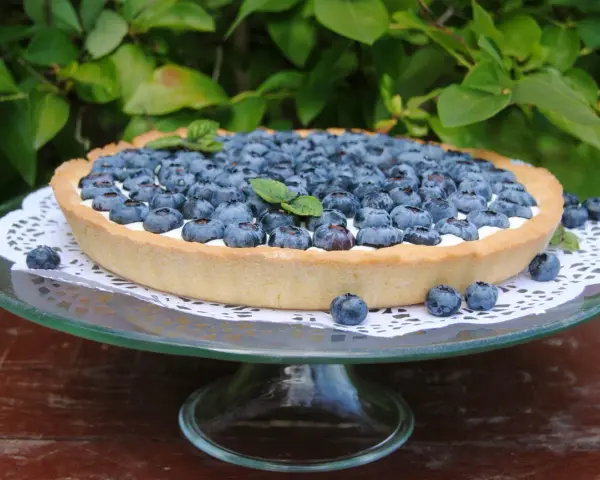 Pyszna tarta z borówkami, udekorowana listkiem mięty, prezentuje się apetycznie na szklanej paterze.