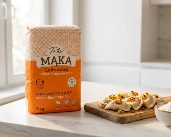 Idealna mąka pszenna typ 500 "Luksusowa" do pierogów. Na desce gotowe pierogi z cebulką i miseczka mąki.