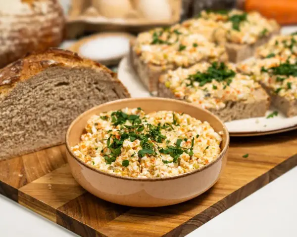 Pyszna pasta na kanapki z jajek, warzyw i ziół, podana z chlebem. Idealna na śniadanie lub przekąskę.