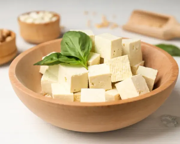 Kostki tofu w drewnianej misce z bazylią. Czy tofu można jeść na surowo? Tak, to idealny składnik do sałatek i przekąsek.