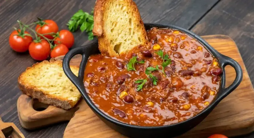 Gęste chili con carne z fasolą i kukurydzą, podane z chrupiącym pieczywem. Idealne na obiad na dwa dni.