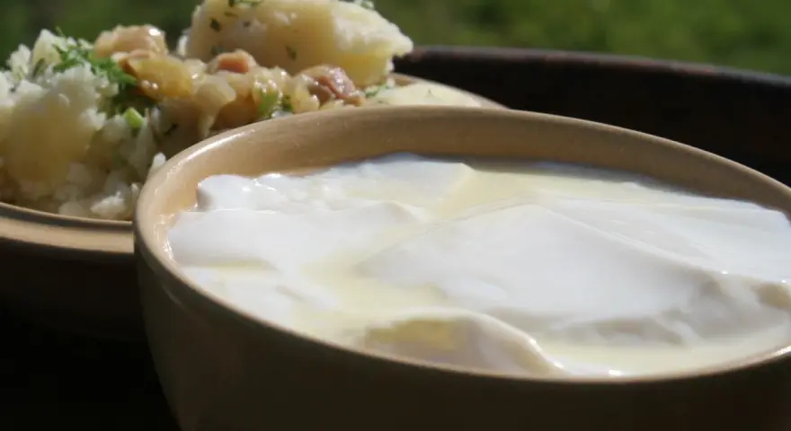 Domowy sposób na zsiadłe mleko. Gęste, białe zsiadłe mleko w glinianej miseczce, obok ziemniaki z koperkiem.