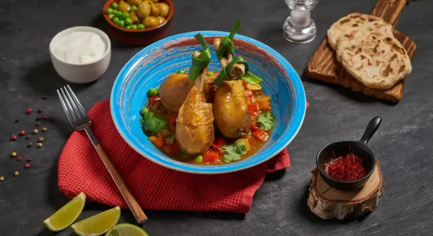 Szafran do czego? Do aromatycznego kurczaka w sosie z warzywami, podanego z plackami i jogurtem.