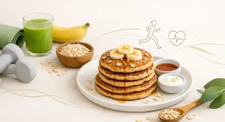 Zdrowe placuszki bananowe z płatkami owsianymi, jogurtem i miodem, obok zielonego smoothie, banana i hantli. Idealne śniadanie dla aktywnych.