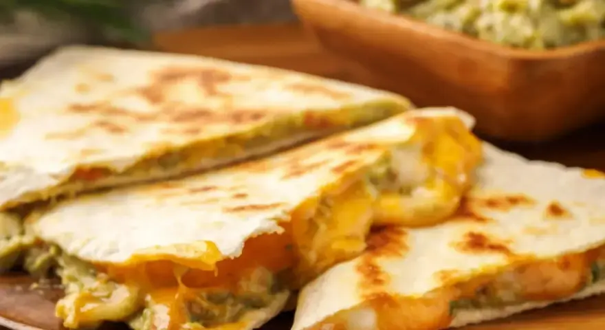 Pyszne quesadillas z roztopionym serem i guacamole. Idealna, fajna szybka kolacja na drewnianej desce.