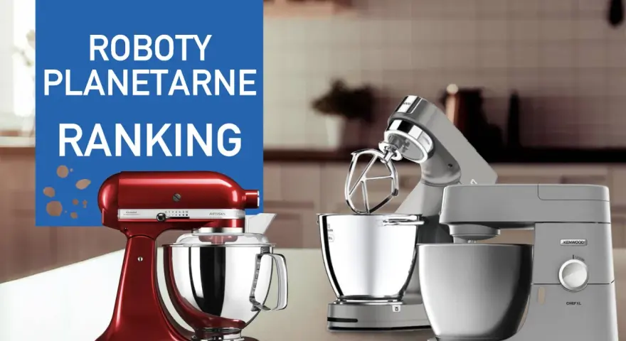 Ranking robotów planetarnych: czerwony KitchenAid Artisan i szare Kenwood Chef XL w kuchni.
