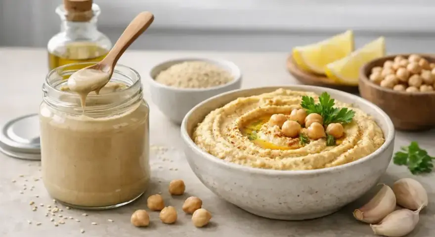 Pyszny hummus z ciecierzycą, czosnkiem i cytryną. Słoik z gładkim tahini, kluczowym składnikiem do zrobienia tej pasty.