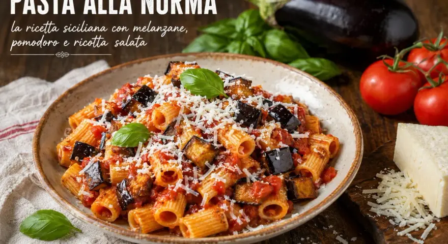 Pyszne danie pasta alla norma z bakłażanem, pomidorami i ricottą salata, posypane startym serem.