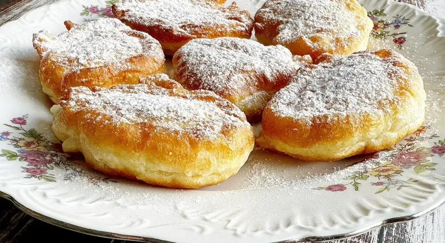 Puszyste racuchy na jogurcie, posypane cukrem pudrem, kuszą swoim złotym kolorem i delikatnością. Idealne na słodkie śniadanie lub deser.