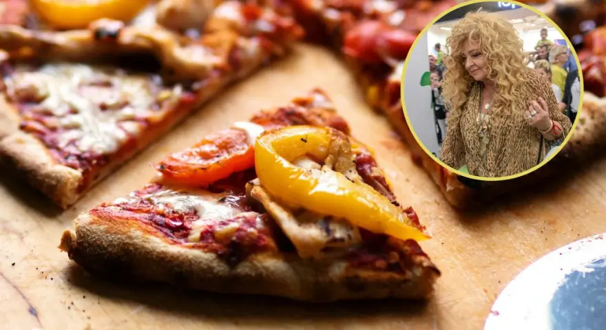 Pyszna pizza Magdy Gessler z papryką i pomidorami, obok jej zdjęcie.