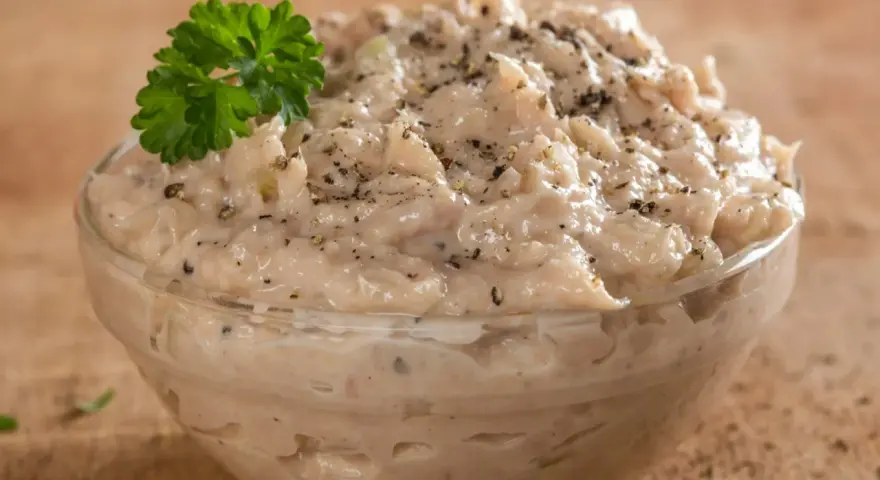 Kremowa pasta z tuńczyka, doprawiona pieprzem, w szklanej miseczce, ozdobiona gałązką natki pietruszki. Idealna na kanapki.