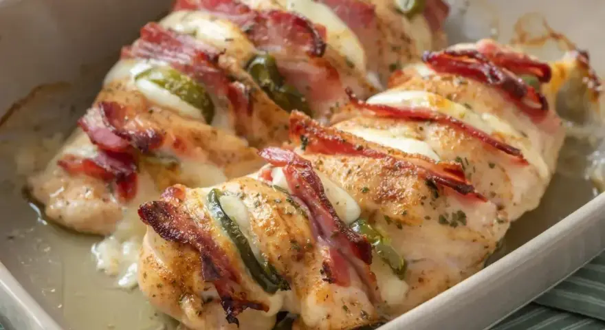 Pyszny filet z kurczaka na obiad, zapieczony z serem, boczkiem i papryczką jalapeño.