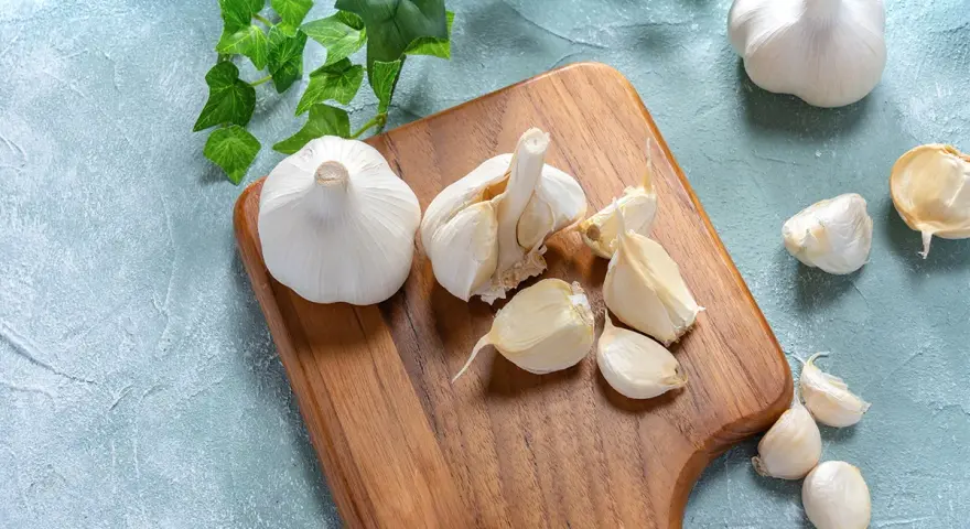 Świeży czosnek na desce, gotowy do suszenia. Kilka ząbków już oddzielonych, idealnych do dalszej obróbki.