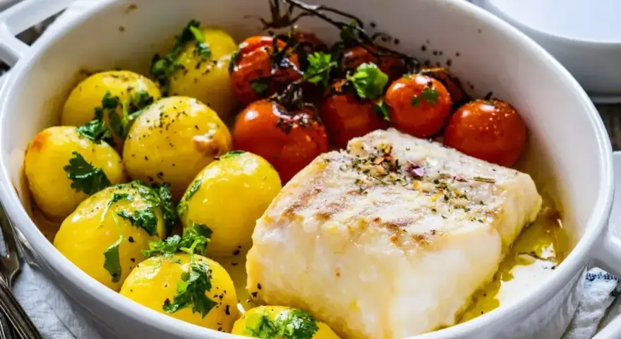 Pieczony filet rybny z ziemniaczkami i pomidorkami. Idealne połączenie, by dowiedzieć się, czym przyprawić rybę.