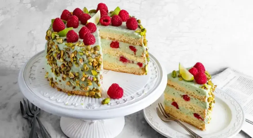 Wyjątkowy tort pistacjowo malinowy, udekorowany świeżymi malinami i pistacjami. Kawałek ciasta na talerzyku kusi warstwami biszkoptu i kremu.