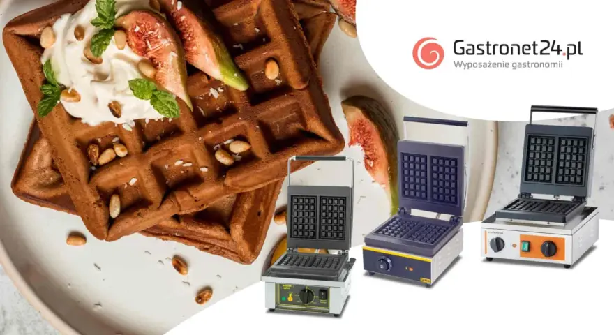Pyszne gofry z kremem, figami i orzeszkami. Obok trzy gofrownice gastronomiczne, idealne do przygotowania idealnego przepisu na gofry.