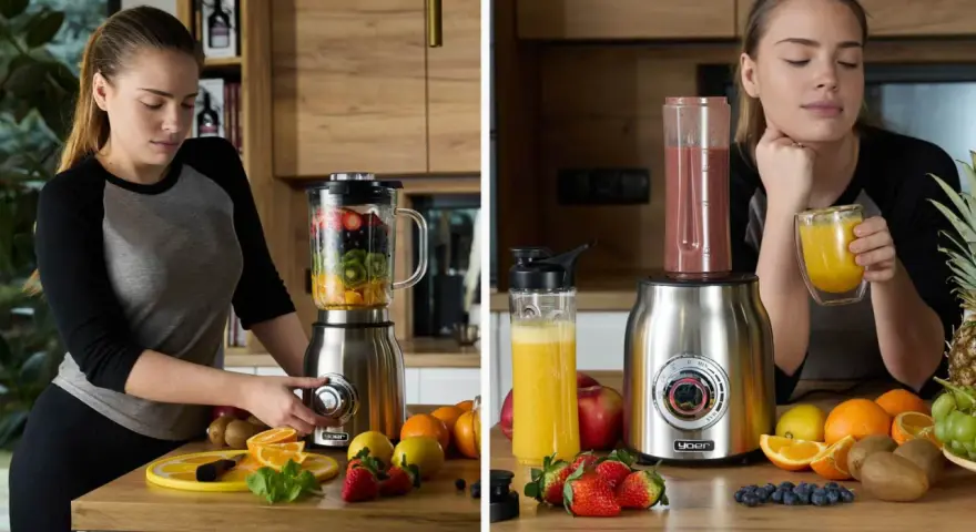 Kobieta przygotowuje smoothie w blenderze kielichowym, pokazując, co można zrobić w blenderze kielichowym: zdrowe napoje z owoców.