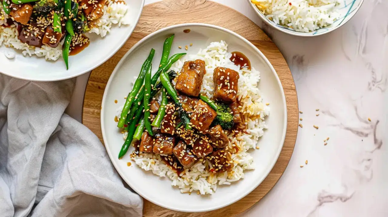 Seitan co to? Danie z ryżem, fasolką szparagową, brokułami i kawałkami seitanu w sosie sezamowym.